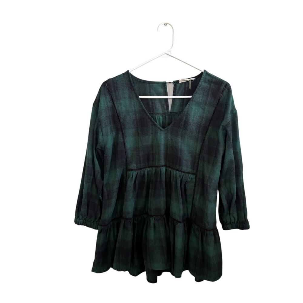 Entro Green Black Plaid Long Sleeve Boho Tunic Blouse Top Women's Size Medium
